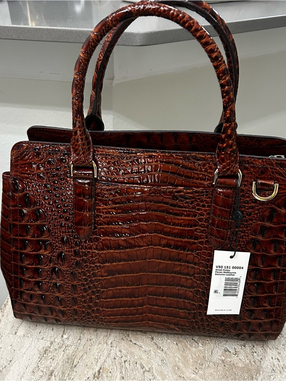 NWT Brahmin Small Finley Melbourne Pecan Croc Satchel Handbag w Dustbag $385 - Picture 3 of 9